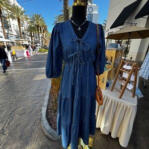Blu Pepper Blue Denim Tie-Front Maxi Dress